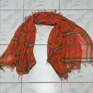 Vibrant Plaid Fringed Scarf in Orange and Blue